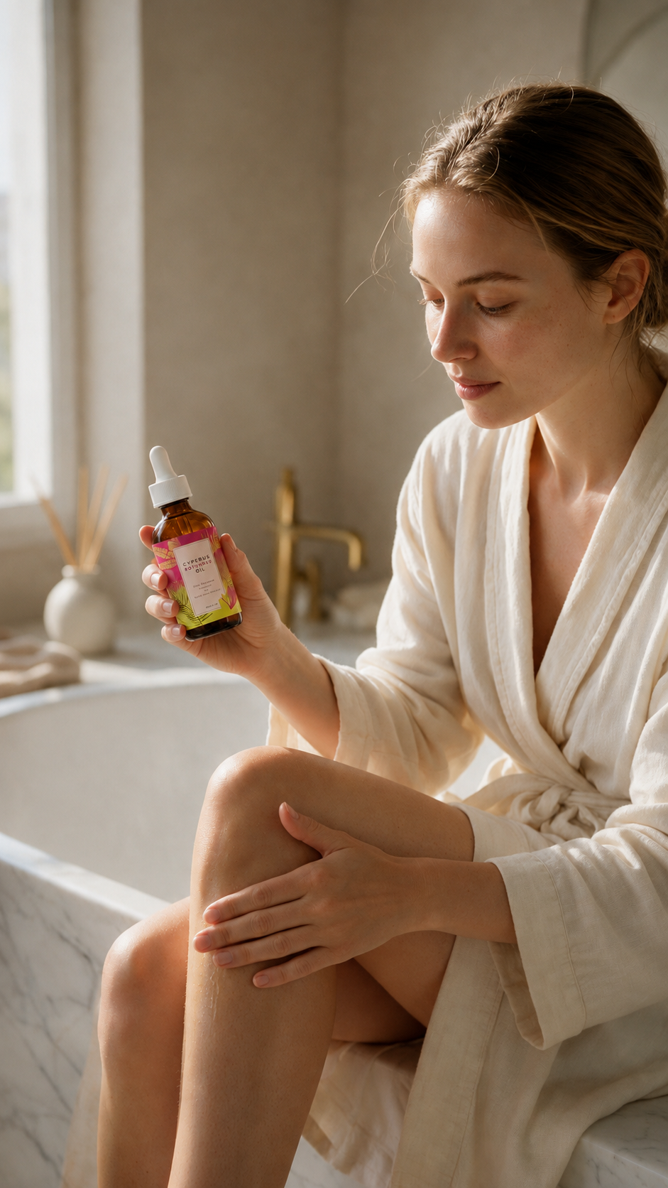 Woman holding Lumora oil before applying it to clean dry skin