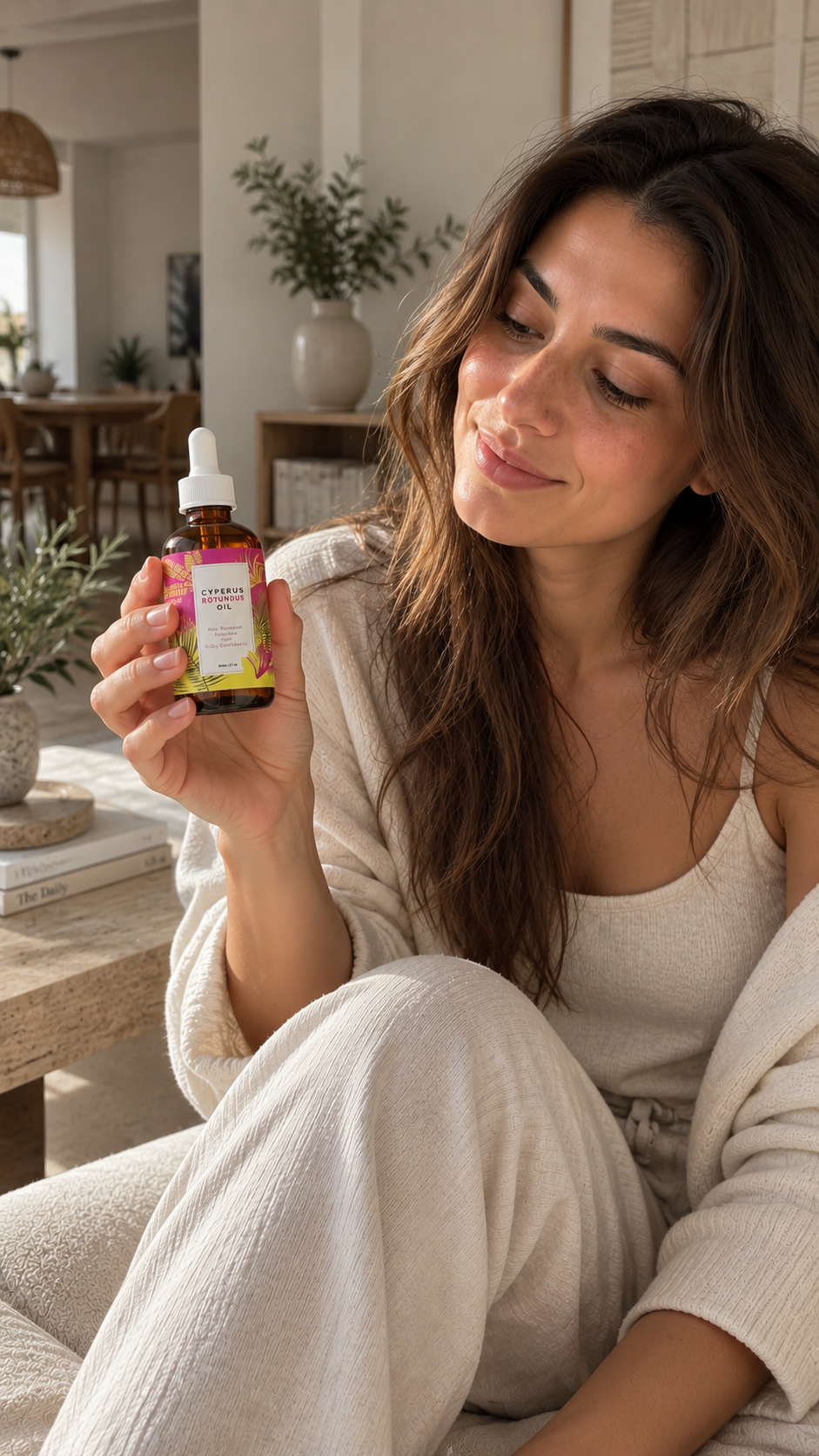 Woman holding Lumora oil as part of her body care routine